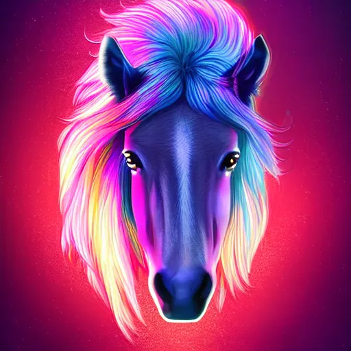 Prompt: short maned digital horse, retrowave palette, highly detailed, anatomically correct equine, synth feel, smooth face, ear floof, flowing mane, no reins, horse face, super realism, accurate animal imagery, 4 k digital art