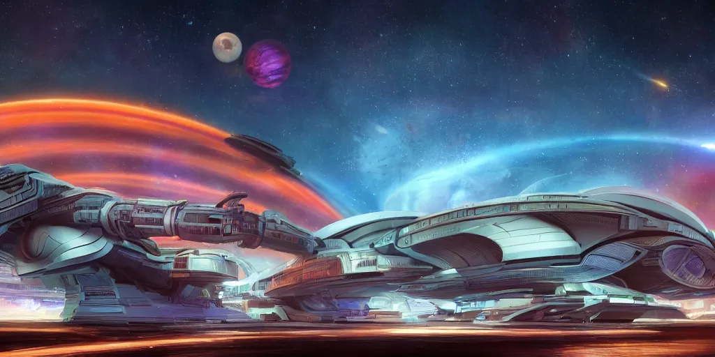 Image similar to a wide shot of a large distant hi-tech sci-fi spaceship from the outside, with a lot of bright color lights, bridges, turrets, pipes, orbiting a gas giant planet, photography, color, intricate, extremely detailed, realistic