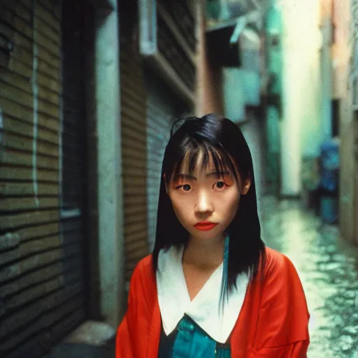 Image similar to 1990s perfect 8K HD professional cinematic photo of close-up japanese schoolgirl posing in sci-fi dystopian alleyway at morning during rain, at instagram, Behance, Adobe Lightroom, with instagram filters, depth of field, taken with polaroid kodak portra