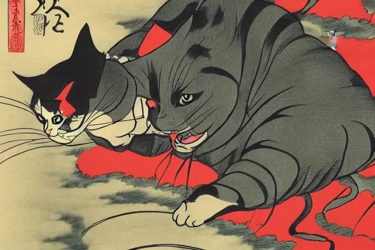 Image similar to cat attacking Tokyo, ukiyo-e print, masterpiece, masterwork, artstation