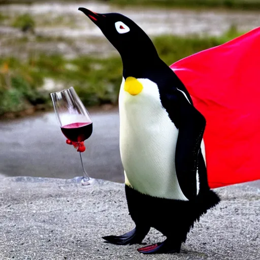 Image similar to a penguin dresses with chilean national outfit holding a bottle of wine in the style of 9 0 s video game