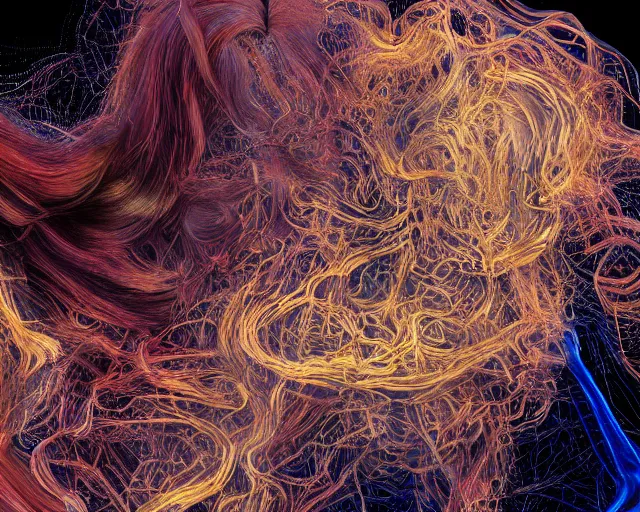 Image similar to complex beings, beautiful hairy, ornate hair, love, joy, vortexes, large arrays data holograms, 8 k, ultra hd, light shadows, wet hdr refractions, *, * * *, * * * * *