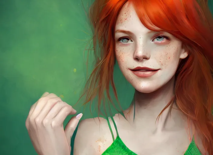 Image similar to portrait of a beautiful smiling girl with orange hair and freckles, green eyes, highly detailed, digital painting, concept art, smooth, sharp, focus, background is purple, trending on deviantart, by Jacqueline E