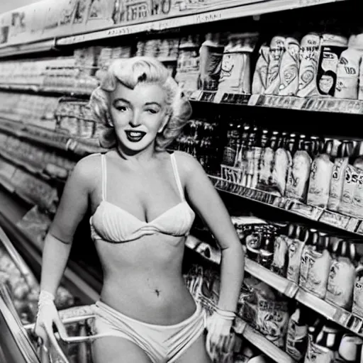 Image similar to marylin monroe in bikini in a grocery store in 2 0 2 2