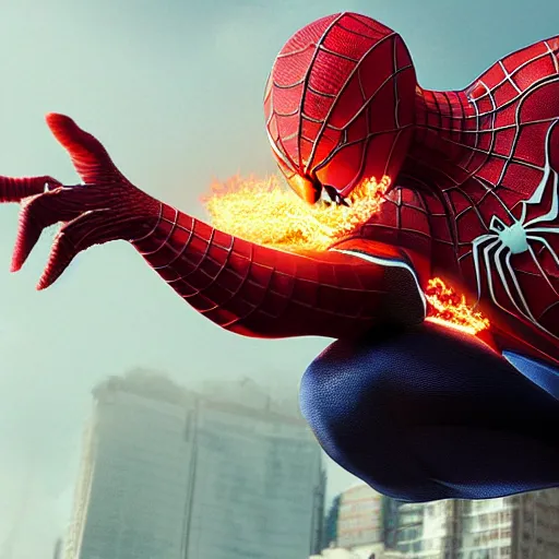 Prompt: concept render of a spiderman made of fire by cedric peyravernay and leon tukker