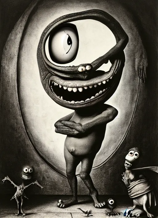 Image similar to photograph of mike wazowski from monsters inc. by hieronymus bosch, joel peter witkin, misha gordin, gustave dore, matte painting