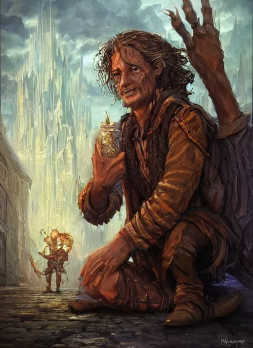 Image similar to immigrant poor beggar on the streets, ultra detailed fantasy, dndbeyond, bright, colourful, realistic, dnd character portrait, full body, pathfinder, pinterest, art by ralph horsley, dnd, rpg, lotr game design fanart by concept art, behance hd, artstation, deviantart, hdr render in unreal engine 5