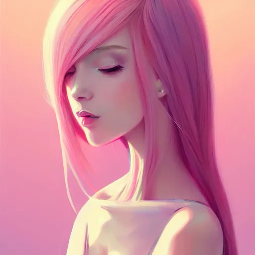 Image similar to adult female in summer dress art, pastel light pink very long hair, muted colors, matte print, pastel colors, ornate, digital art, digital painting, fan art, elegant, artstation, head is centered, by Ilya Kuvshinov