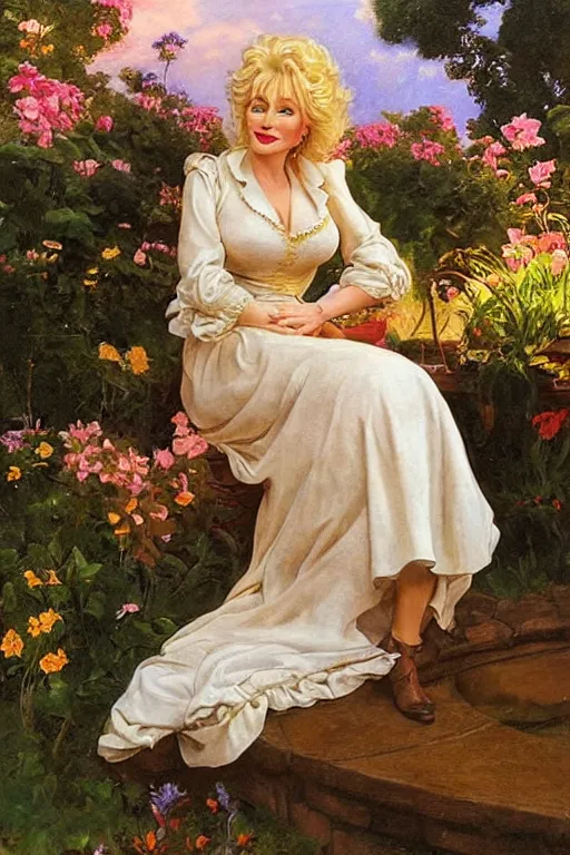 Prompt: Dolly Parton, golden hour, in a garden by a pool, artstation, by J. C. Leyendecker and Peter Paul Rubens,