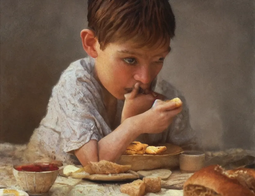 Image similar to portrait of little peasant boy eating a bread, cottage core, cinematic focus, polaroid photo bleached vintage pastel colors high - key lighting, soft lights, foggy, by steve hanks, by lisa yuskavage, by serov valentin, by tarkovsky, 8 k render, detailed, oil on canvas