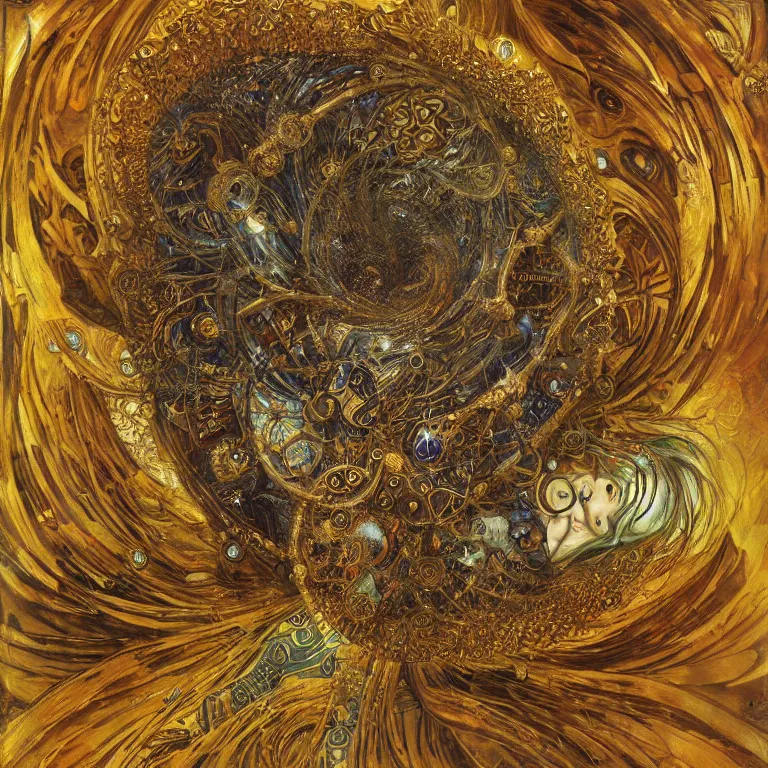 Image similar to Divine Chaos Engine by Karol Bak, Jean Deville, Gustav Klimt, and Vincent Van Gogh, celestial, visionary, sacred fractal structures, ornate gilded medieval icon, spirals, 8k 3D