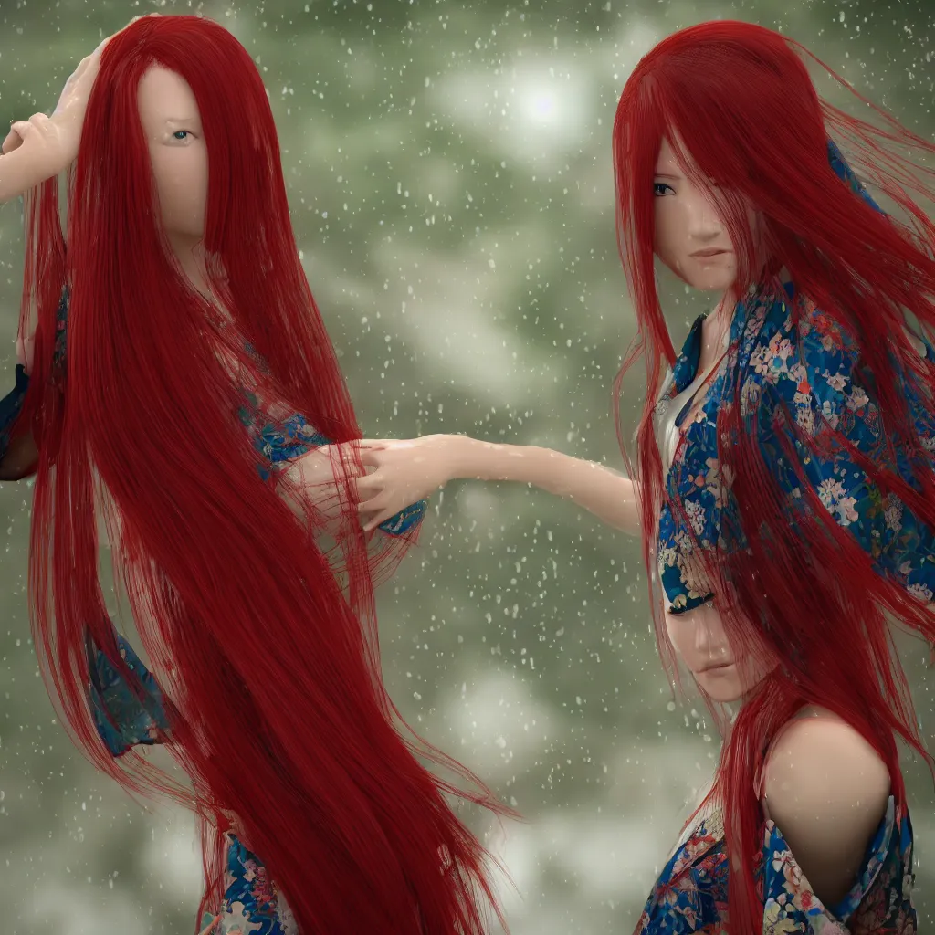 Image similar to a girl with long red hair in a kimono, rain, ultra detailed, 8 k, ctane 3 d rendered.