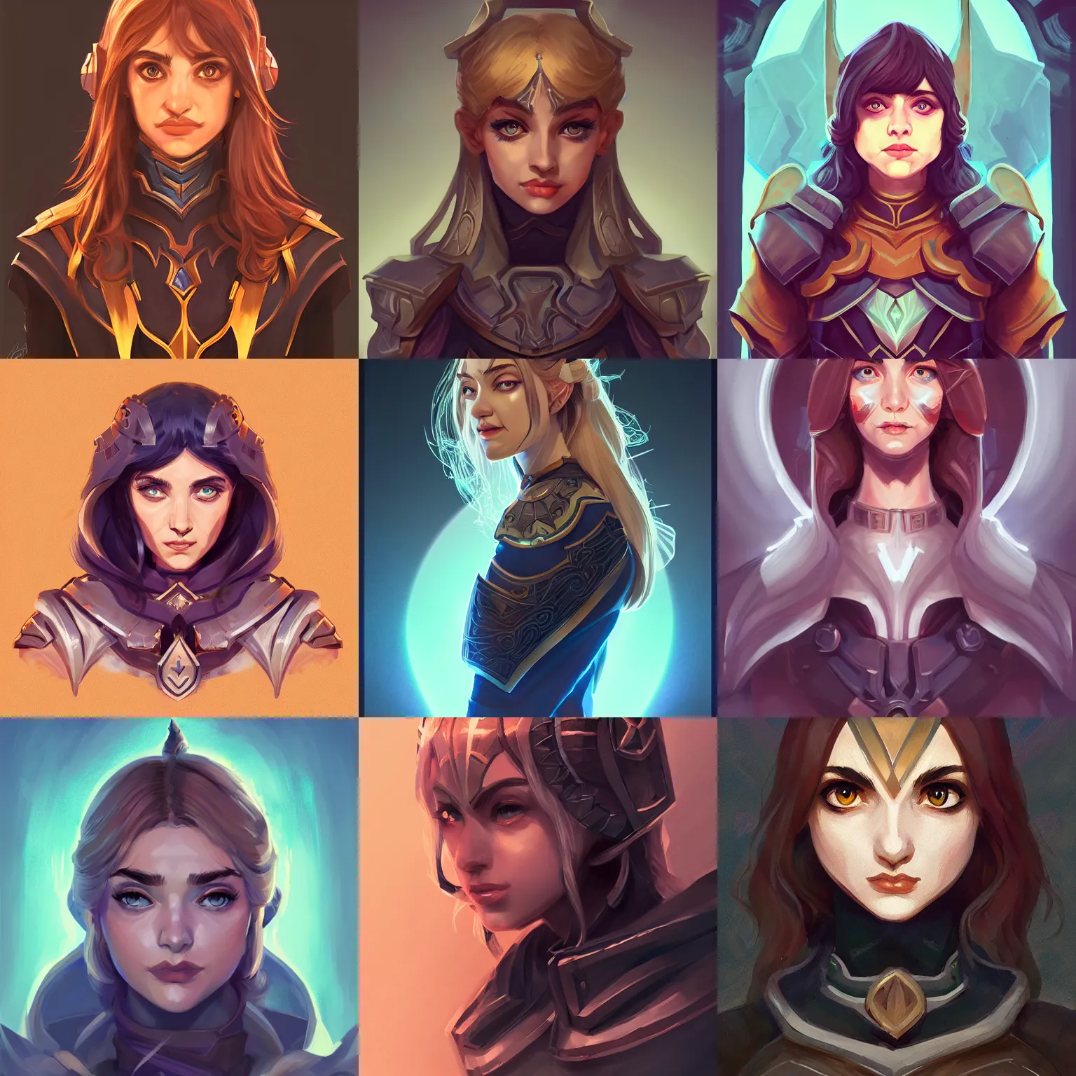 Prompt: front facing symmetrical centered painted portrait, headshot of Imogen Poots as a D&D Paladin, RPG character avatar, Arcane League of Legends concept art, trending on artstation, by lois van baarle, ilya kuvshinov, rossdraws