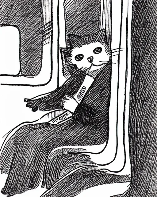 Image similar to a cat seated on the subway, cross-legged. White background. New Yorker cartoon. B&W. Black and white.