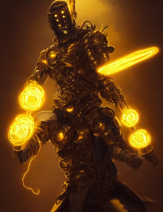 Image similar to a masked cyberpunk warrior in golden armour with a glowing golden gauntlet, surrounded by crackling golden lightning and energy, by frank fazetta and peter mohrbacher, trending on artstation, digital art, 4 k resolution, detailed, high quality, sharp focus, hq artwork, coherent, insane detail, concept art, character concept, character full body portrait