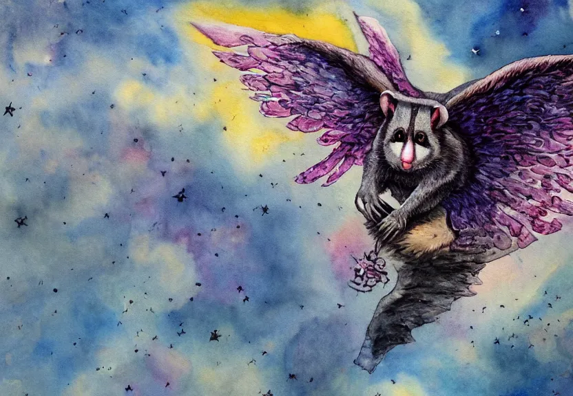 Image similar to the legendary colorful winged possum is flying over a medieval castle under the dark starred sky, dark fantasy, watercolor, dreaming illusion, highly detailed, 4k, trending on Artstation, award-winning