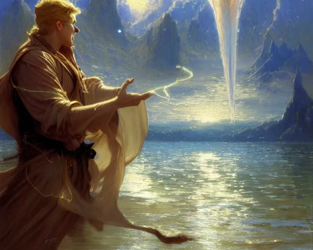 Prompt: attractive male wizard casting powerful tsunami wave water spell in a beautiful lake. highly detailed painting by gaston bussiere, craig mullins, j. c. leyendecker 8 k