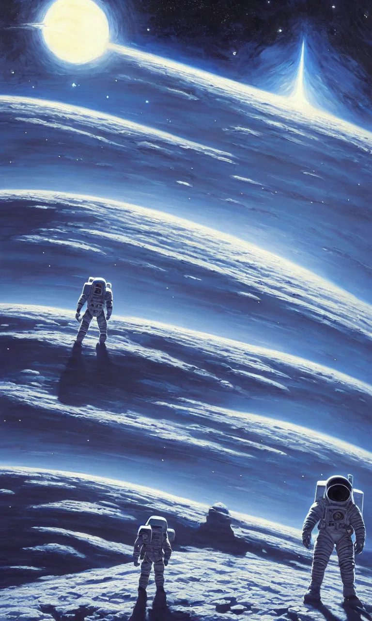 Image similar to an epic painting of a futuristic astronaut walking along an airless icy planet in the endless starry night of space, unreal 5, DAZ, detailed, soft focus, brilliant, 4k, 8k, HD, trending on artstation, art by Rick Guidice painting by Robert McCall by John Harris, abstract