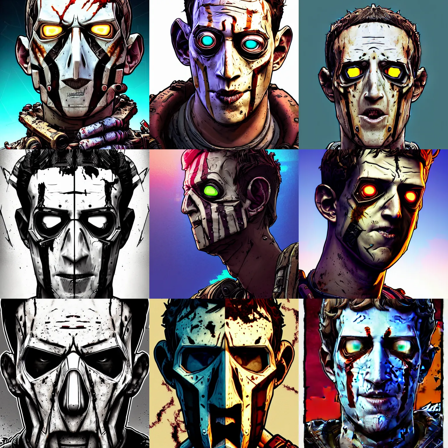 Prompt: borderlands 3 !!! mark zuckerberg! cell shaded! scary head portrait of mark zuckerberg! torn face exposed skullcyborg as Borderlands 3 concept art, llustration, postapocalyptic grunge, concept art by Laurie Greasley, highly detailed, sharp focus,alien, HQ, 4K ,art by Laurie Greasley