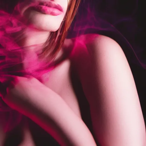 Prompt: a photo of slim girl, 2 0 yo, close - up, high detail, studio, smoke, sharp, red violet light, 8 5 mm sigma art lens