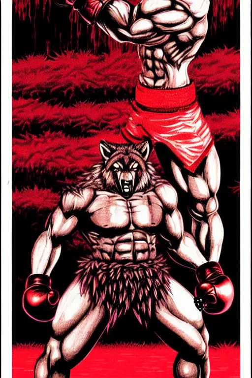 Image similar to extreme long shot. 8 bit nes graphics. antropomorphic muscular masculine wolf. kickboxer fighter, in shorts. wolf head. angry. fine details, very sharp, art from nes game cartridge, 8 0's, vhs artefacts, vaporwave style, marc simonetti and hermann nitsch and anish kapoor.