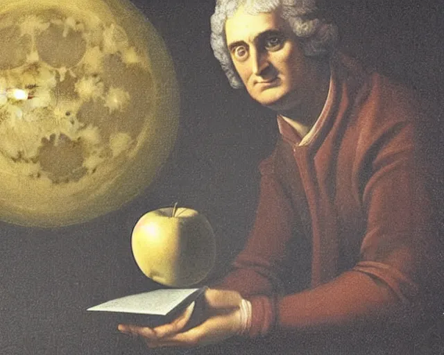 Image similar to isaac newton holding an apple in his hands and looking at the moon