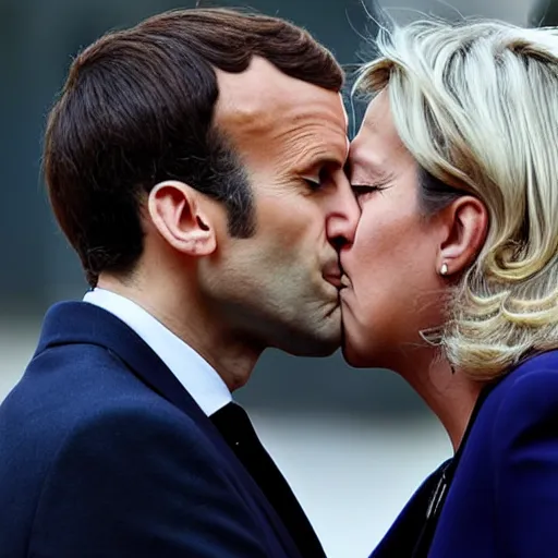 Image similar to emmanuel macron kissing Marine Lepen