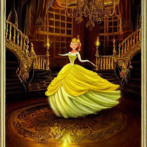 Prompt: cinderella dressed in the world's most beautiful yellow ballgown stands gracefully in the middle of a magical ballroom of a fairytale castle, spotlight on her. highly detailed fantasy art, magical realism, disney. dreamy.