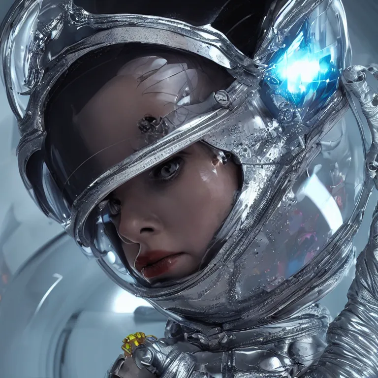 Prompt: octane render portrait by wayne barlow and carlo crivelli and glenn fabry, subject is a woman wearing a clear iridescent plastic and silver spacesuit with intricate colorful metal helmet, floating inside a futuristic black space station, cinema 4 d, ray traced lighting, very short depth of field, bokeh