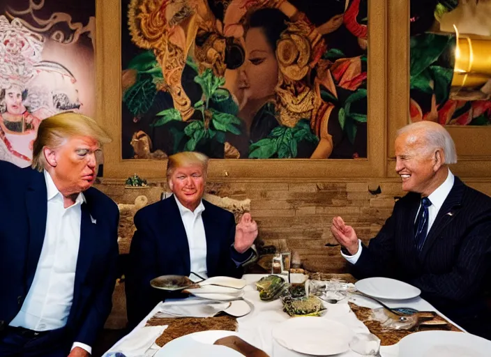 Image similar to Trump and Biden having dinner at a fancy Balinese restaurant, award winning cinematic photography, 50 mm, blurred background, trending on twitter