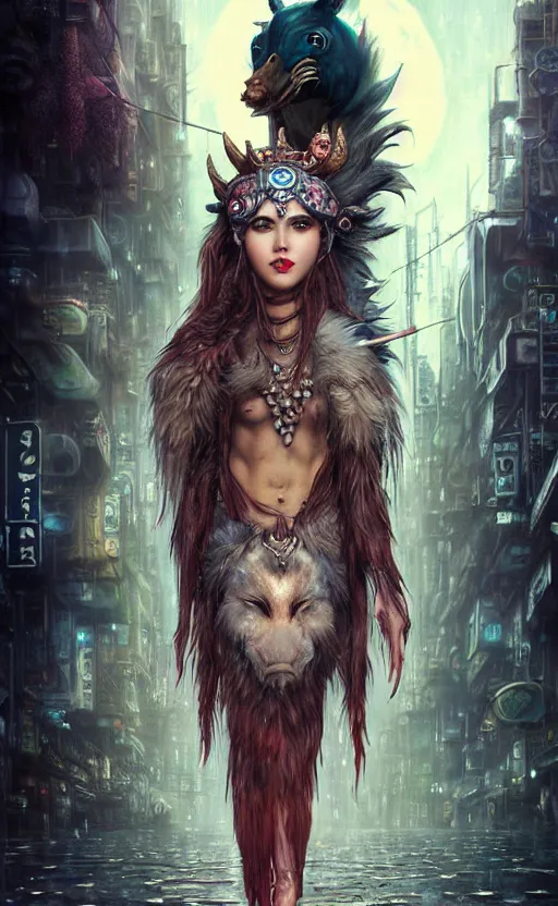 Image similar to hyper realistic Princess Mononoke ornate mask, wet market street, cyberpunk metropolis, city landscape, jewels, full body pose, full moon, style of tom bagshaw, mucha, james gurney, norman rockwell, denoised, sharp