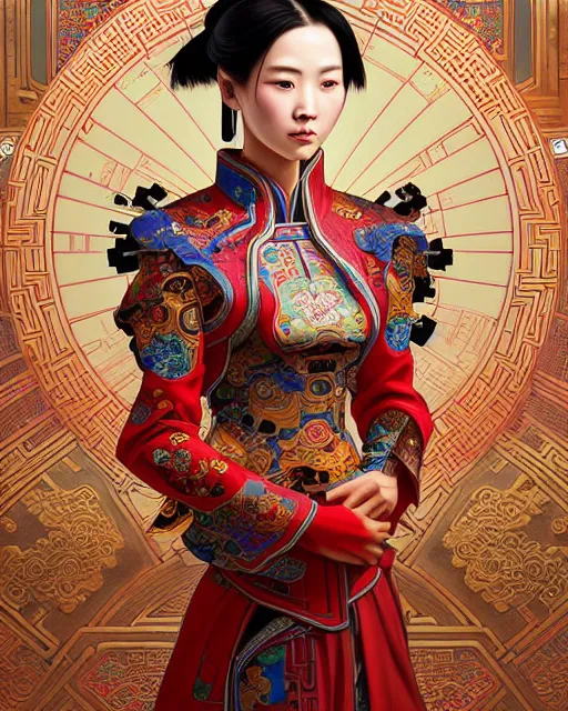 Image similar to portrait of a chinese cyberpunk machine, machine face, arms, upper half portrait, decorated with chinese opera motifs, regal, asian, fine china, wuxia, traditional chinese art intricate intense elegant 京 剧 highly detailed digital painting artstation concept art smooth sharp focus illustration, art by artgerm and greg rutkowski alphonse mucha 8 k