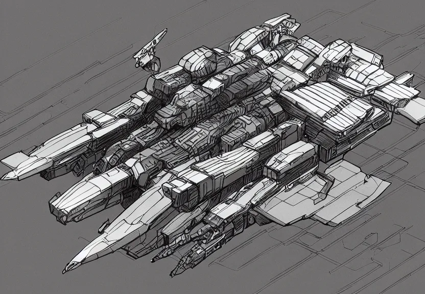 Prompt: isometric pen and ink concept art of a spaceship wearing mecha armour by sparth line art