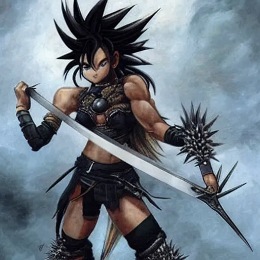 Image similar to realistic art style, warrior girl, muscular girl, wild spiky black saiyan hair, long spiky hair, electrified hair, holding scimitar made of bone, scimitar, sword, jagged sword, curved sword, orkish sword, colorized, gray skin, hyper - detailed, primeval fantasy, prehistoric fantasy, art by jacques - louis david