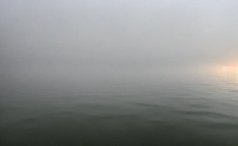 Prompt: low angle camera lens is just above the water surface of a lake, scene from a film directed by charlie kaufman ( 2 0 0 1 ), foggy volumetric light morning, extremely moody, cinematic, anamorphic lens wide angle