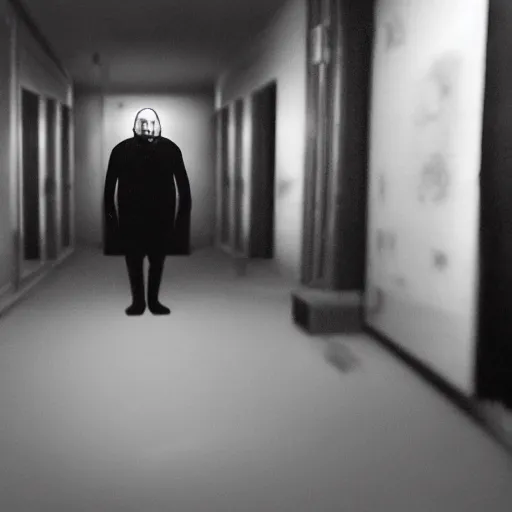 Prompt: a flash photo of creepy man with an unnatural posture standing in a vantablack russian basement from the horror movie rec, uncanny valley, shaky camera, it is deformed and is staring at the camera from the end of a dark liminal hallway. caught on vhs, film grain, national geographic award winning photography,