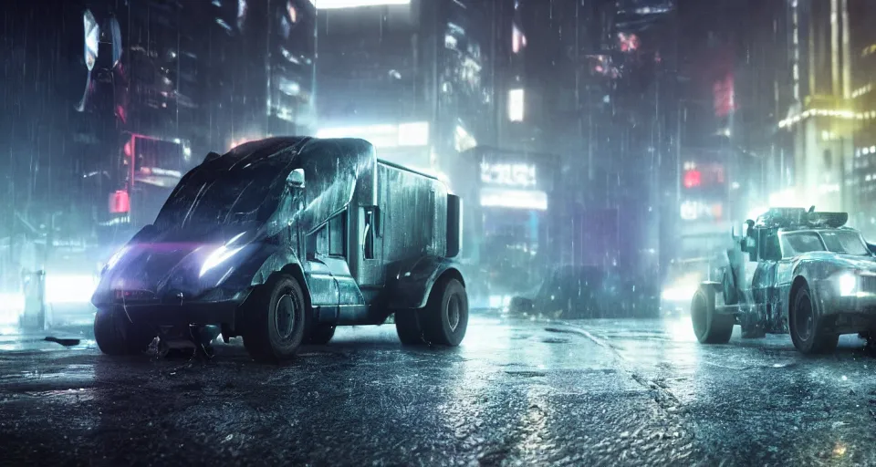 Prompt: closeup photo of combat tesla cybertruck driving on wet dystopian cyberpunk city streets at night, mad max, action, speed, volumetric lighting, hdr, need for speed, gta 5, forza, makoto shinkai, syd mead, craig mullins, cinematic, fast and furious, blade runner, octane, 8 k, iso 1 0 0, 1 2 mm