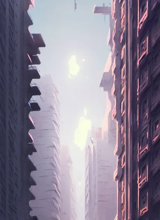 Prompt: highly detailed matte painting, of a 3 d calligraphy graffiti tag light eroding grey walls highrise buildings, by atey ghailan, by greg rutkowski, by greg tocchini, by james gilleard, by joe fenton, by kaethe butcher, pink, brown, light blue and white mystical color scheme, grunge aesthetic, octane render