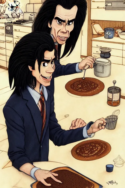 Image similar to 1 9 8 5 nick cave making pancakes, animation pixar style, by pendleton ward, magali villeneuve, artgerm, rob rey and kentaro miura style, golden ratio, trending on art station