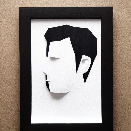 Prompt: a face of a man with wavey medium short hair made from layered paper, 2D, flat minimalistic, ambient light