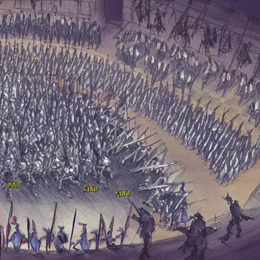 Prompt: one hero with sword looking at army of swordsmen in the background, in the middle of an arena, crowd of people, pencil art, added detail, high definiton, colored, aerial view, byyoji shinkawa