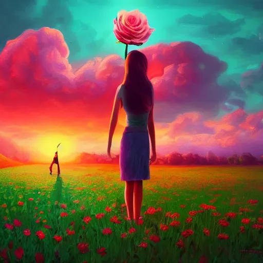 Image similar to giant rose in front of face and head, girl frontal in a flower field, surreal photography, sunrise dramatic light, impressionist painting, colorful clouds, digital painting, artstation, simon stalenhag