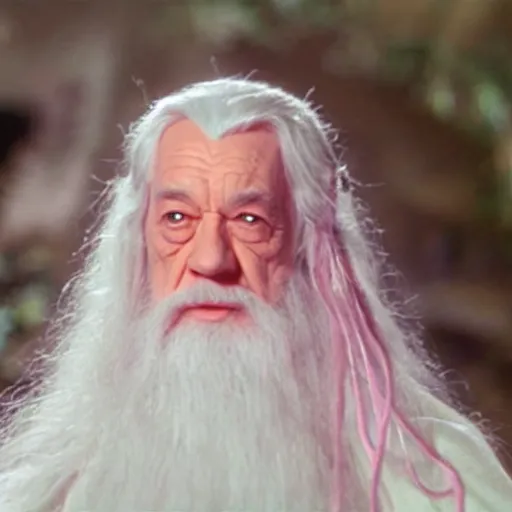 Prompt: gandalf wearing light pink robes, hello kitty hair clip, movie still from the lord of the rings