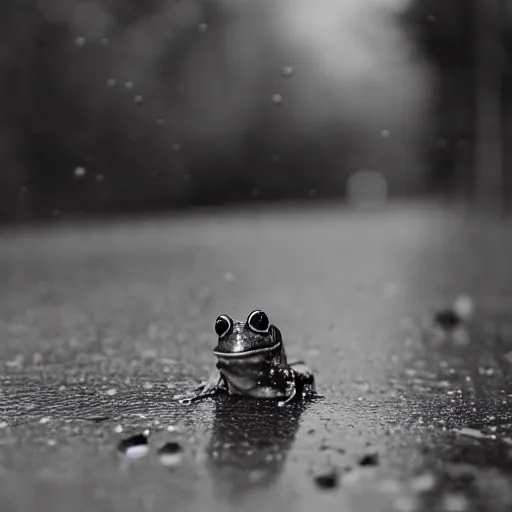Prompt: analog photograph portrait of a frog in the rain, it\'s raining, greyscale, big clouds visible, film grain, depth of field, bokeh