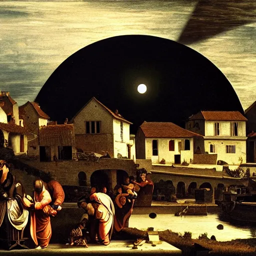 Image similar to dark solar eclipse, above a village, highly detailed, studio 4 k quality, by caravaggio