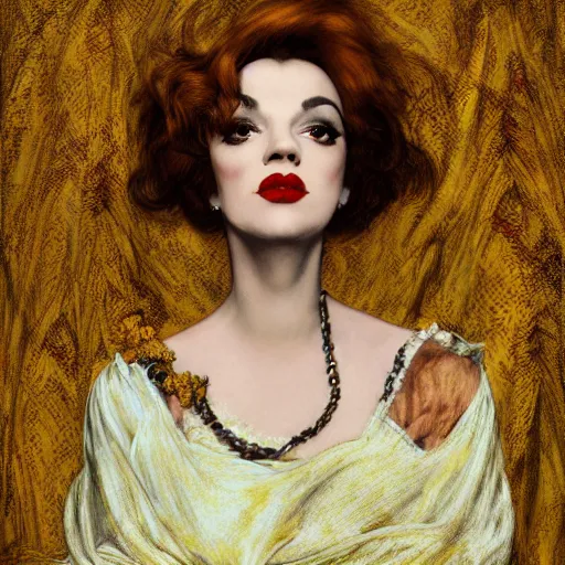 Prompt: portrait of a hybrid of judy garland and lady gaga, brown fringe, large full hollywood lips, large downslanted eyes, reclining cool stylish, yellow ochre ornate medieval dress, john william waterhouse, kilian eng, rosetti, john everett millais, william holman hunt, william morris, 4 k