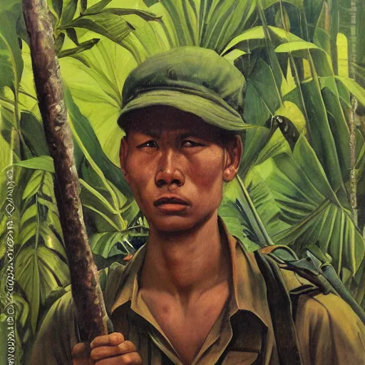 Prompt: the portrait of a communist guerrilla waiting in the dark cervices to ambush, tropical jungle warfare during the Malayan Emergency 1950, masterpiece of social realist oil painting by Chua Mia Tee, British Pathe archive, National War Museum, Nanyang Arts Equator art movement, realistic, cinematic, 8k resolution, intricate jungle. H 768