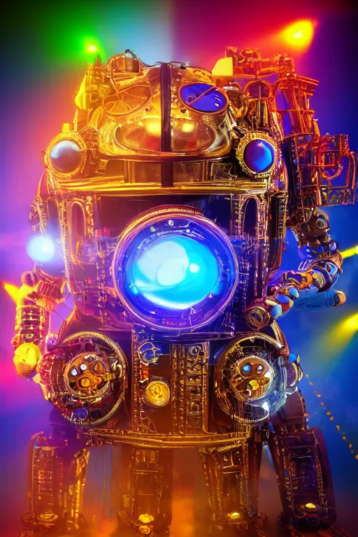 Image similar to portrait photo of a giant huge golden and blue metal steampunk robot covered with multicolored guitars and gears and tubes, eyes are glowing red lightbulbs, shiny crisp finish, 3 d render, 8 k, insaneley detailed, fluorescent colors, background is multicolored lasershow