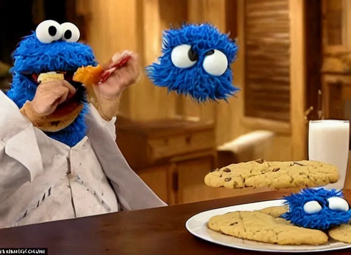 Prompt: The Cookie Monster is munching down on a horseradish, deleted scene from the show