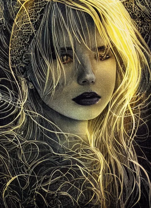 Image similar to glowing silver and golden elements, full close-up portrait, Emma Roberts as a dark witch in front of the full big moon, book cover, green forest, red white black colors, establishing shot, extremly high detail, foto realistic, cinematic lighting, pen and ink, intricate line drawings, by Yoshitaka Amano, Ruan Jia, Kentaro Miura, Artgerm, post processed, concept art, artstation, matte painting, style by eddie, raphael lacoste, alex ross